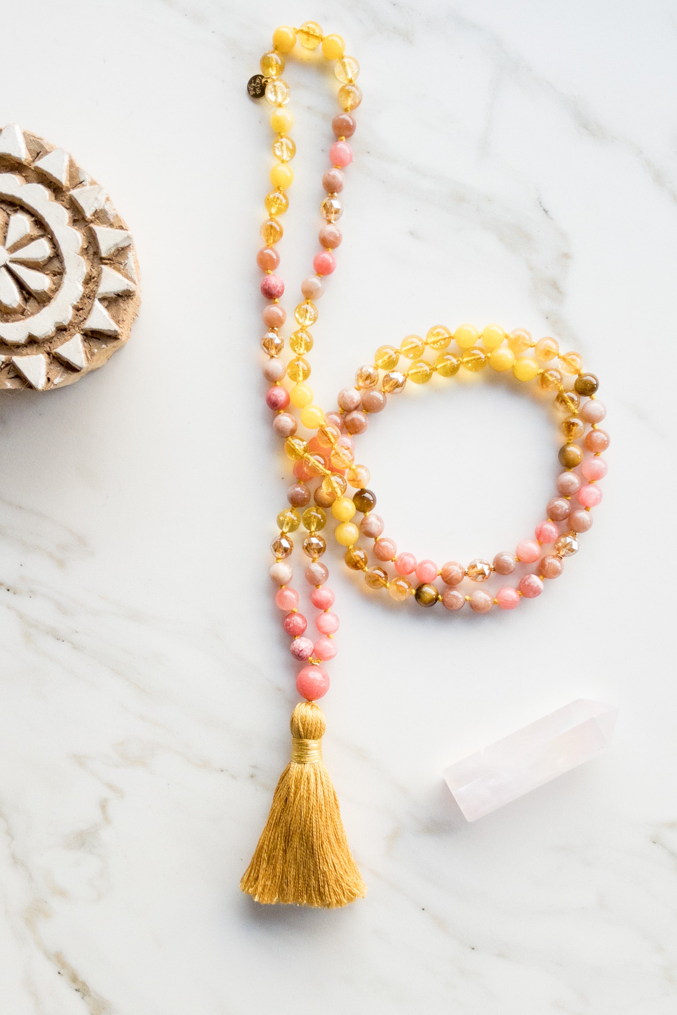 Surya Namaskar Mala 108 beads - citrine, gold aqua aura, sunstone - OceanEyes - shashā jewellery 