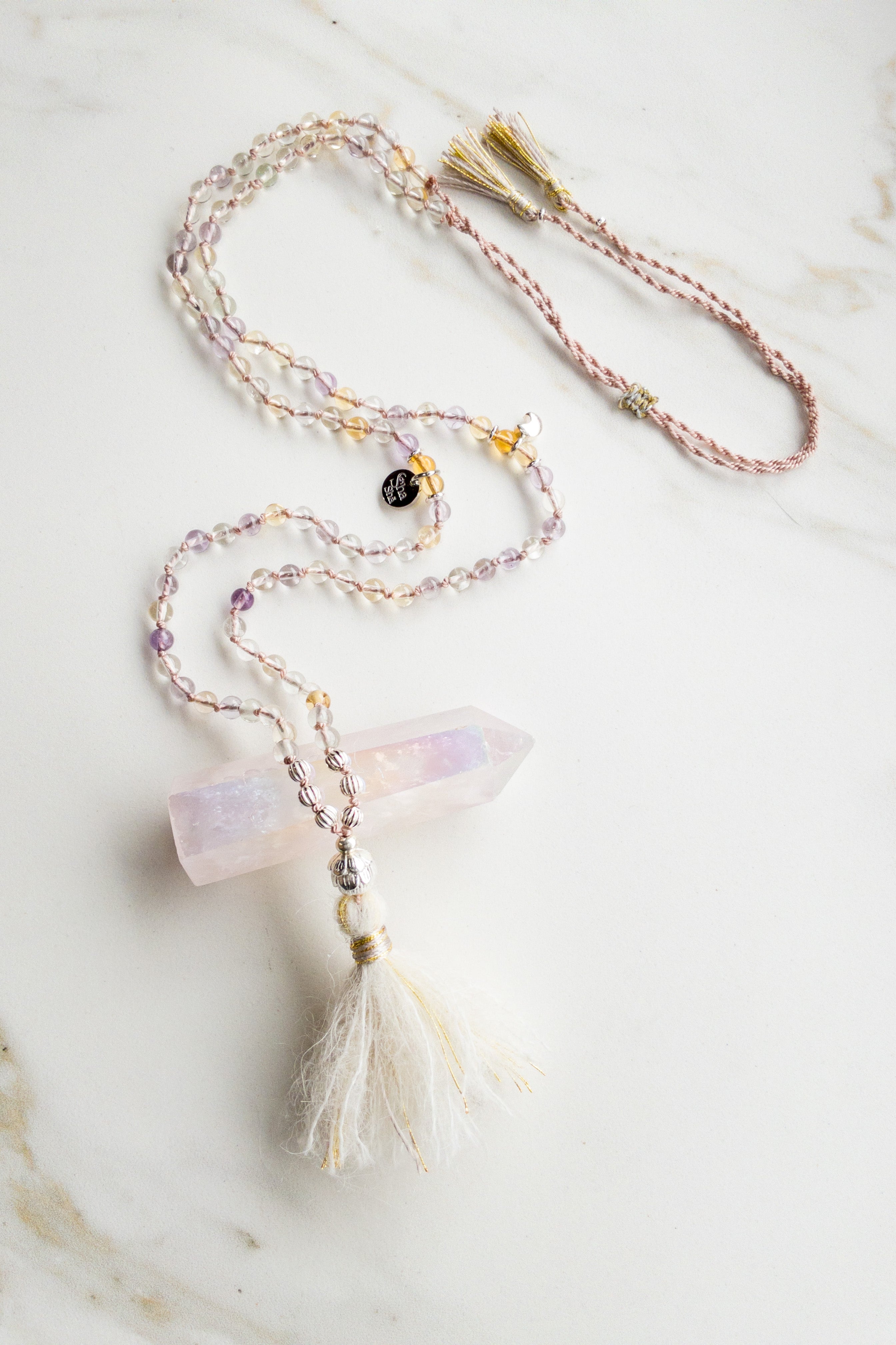 ShaSha « Roots » mini Mala 108 - Quartz, light Citrine & light Amethyst - shashā yoga and meditation jewellery store Switzerland 