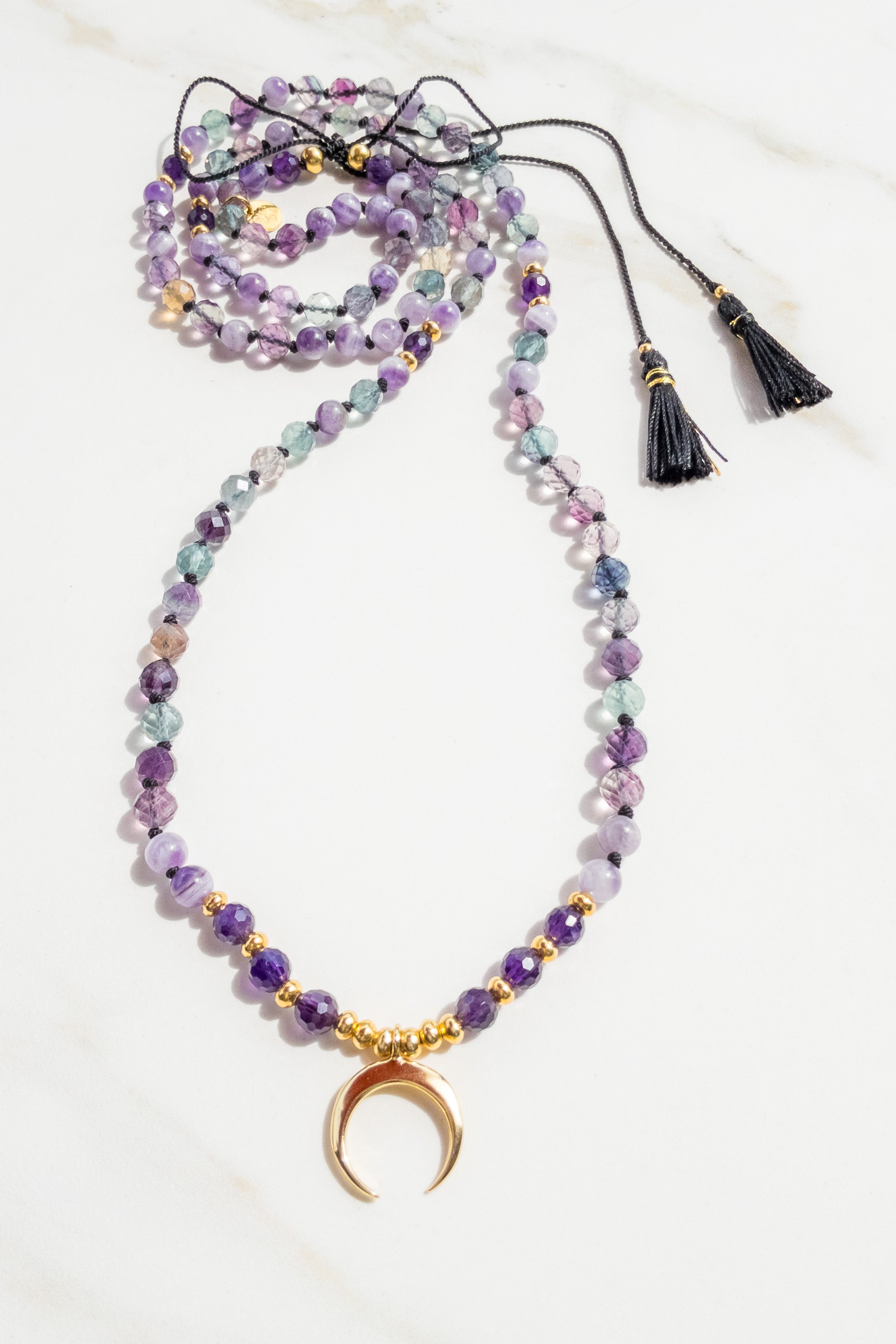 The Starry Serenity Mala Necklace - Fluorite & Amethyst - Indradhanush Collection
