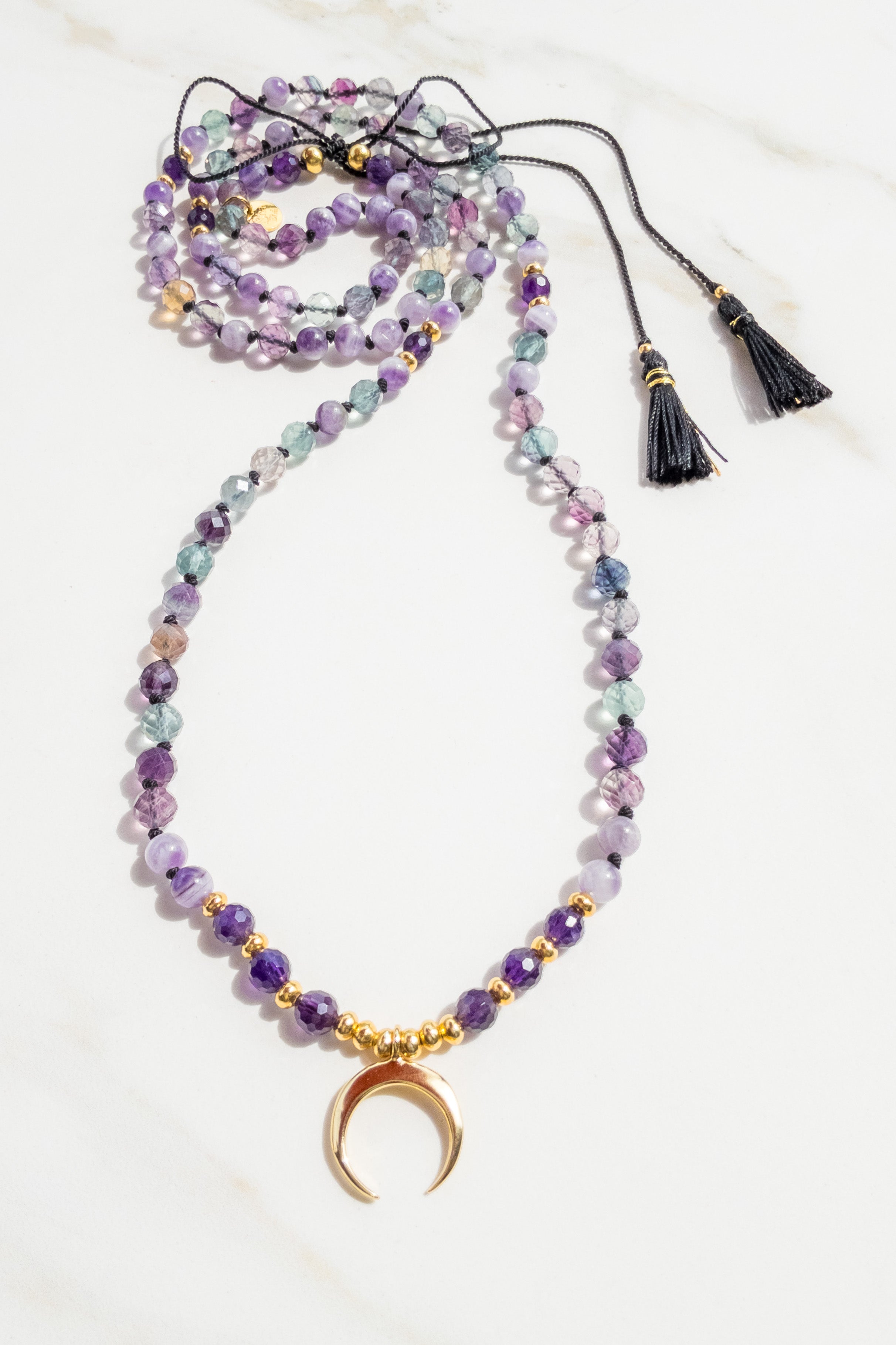 Collier Mala Sérénité Étoilée - Fluorite &amp; Améthyste - Collection Indradhanush