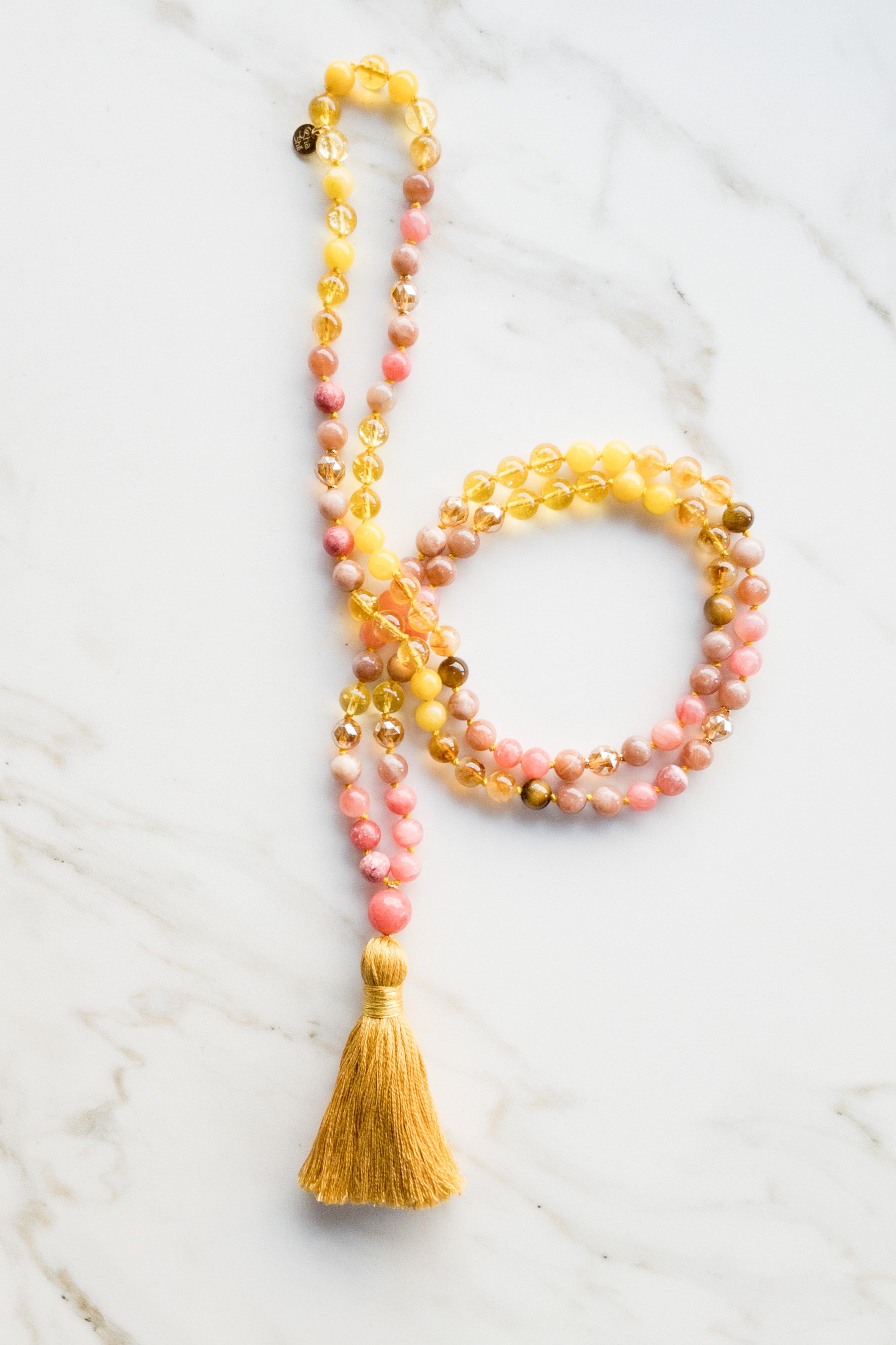 Surya Namaskar Mala 108 Perlen – Citrin, Goldaqua-Aura, Sonnenstein – OceanEyes