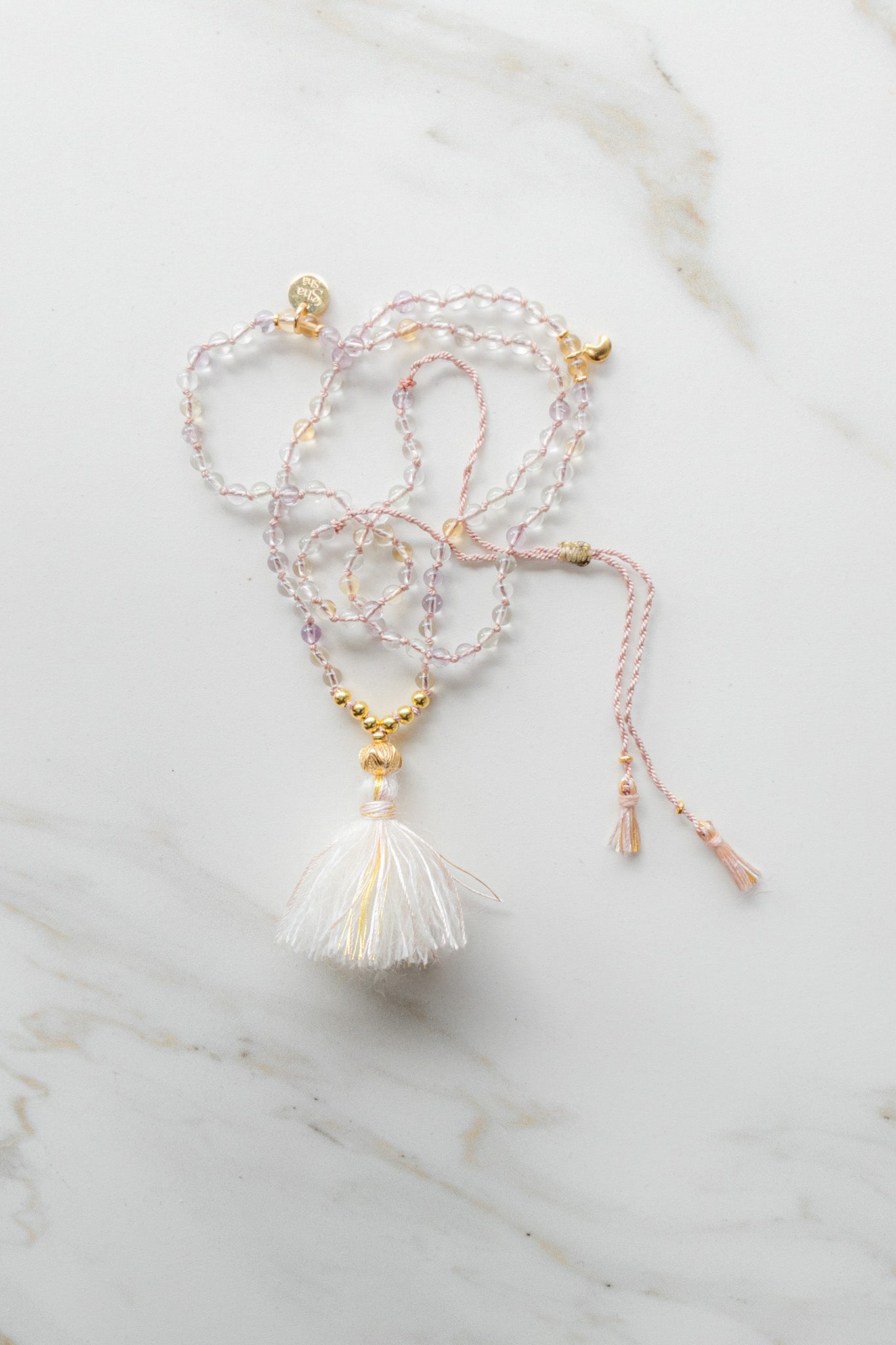 ShaSha « Roots » mini Mala 108 gold  - Quartz, light Citrine & light Amethyst - Japamala shop online