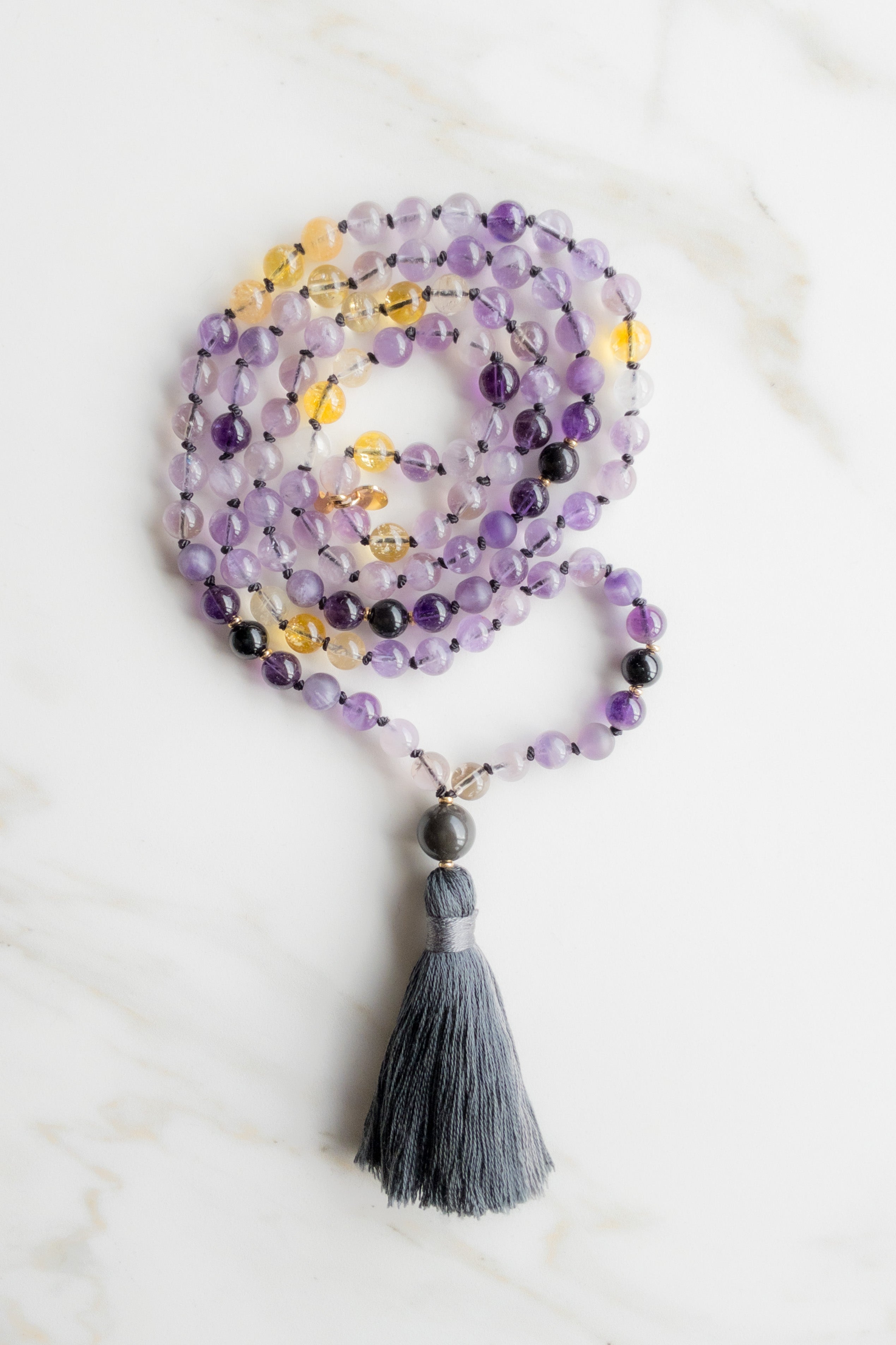 Astral Glow Mala 108 beads - Ametrine, Obsidian, Amethyst, Citrine - OceanEye - shashā jewellery Switzerland inspired by India, Yoga, Meditation 