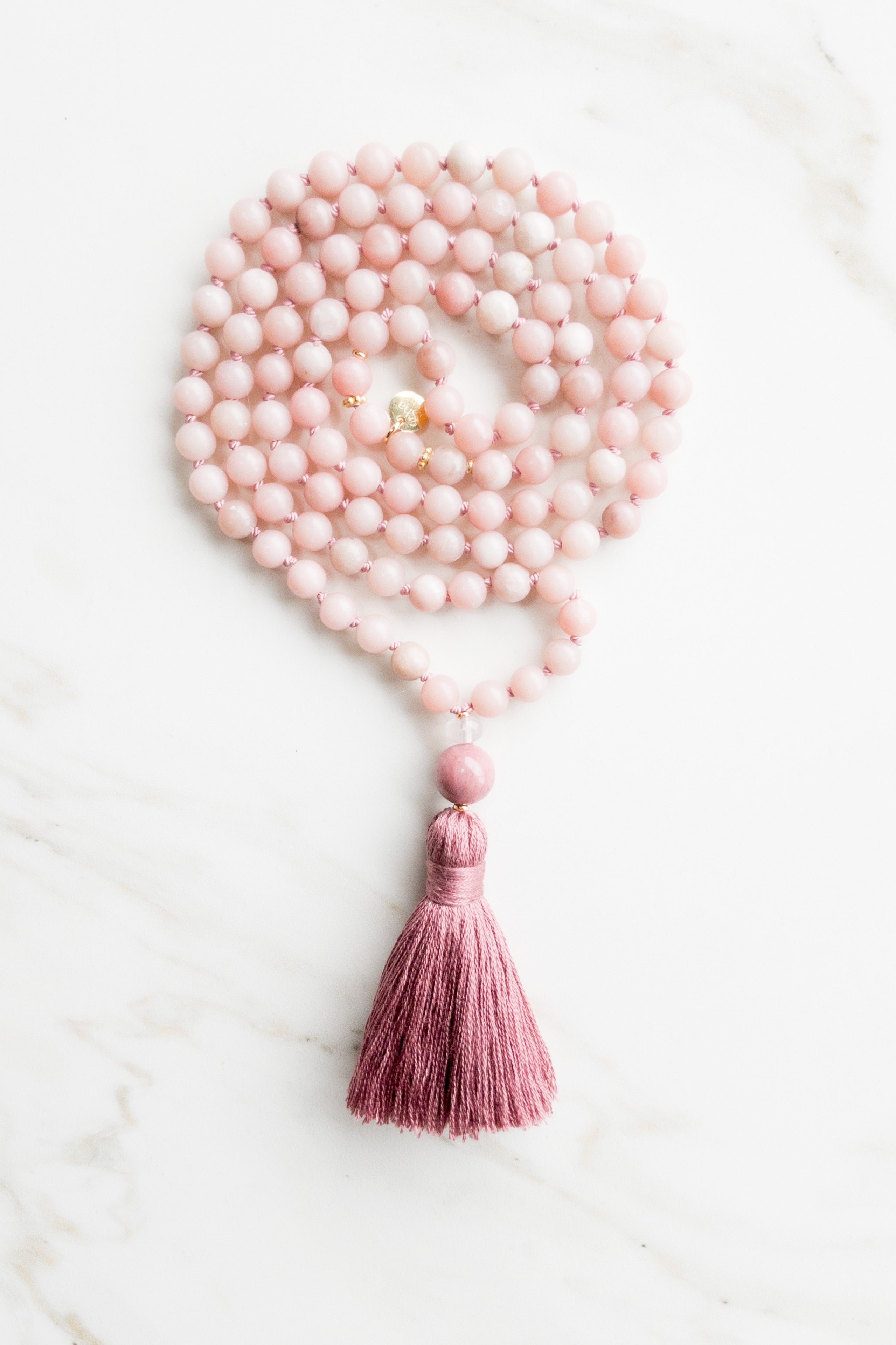 Radiant Pink Lotus Mala - Opal, Pink Quartz & Rodochrosite - OceanEyes Collection - shashā meditation jewellery 