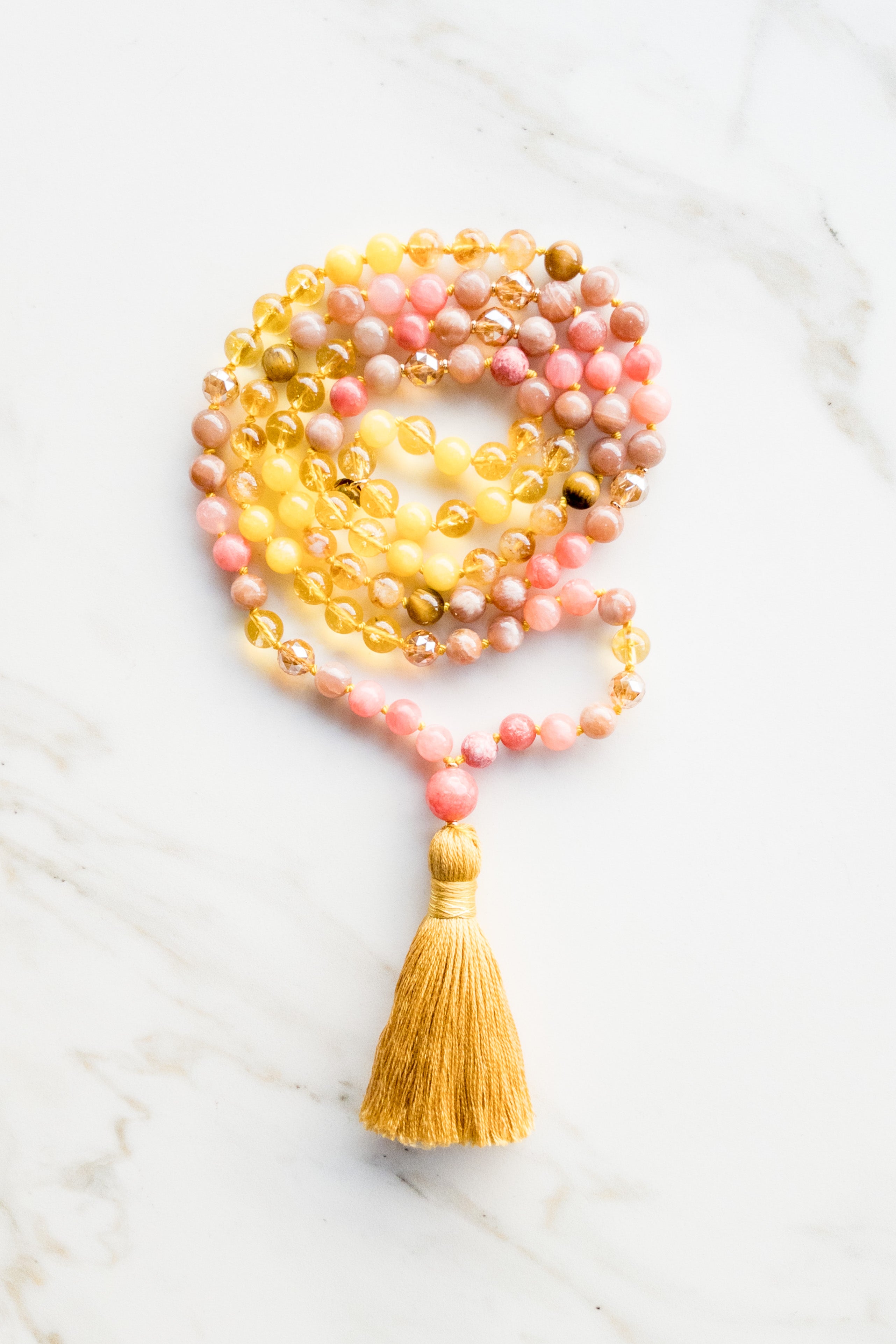 Surya Namaskar Mala 108 beads - citrine, gold aqua aura, sunstone - OceanEye - shashā jewellery 