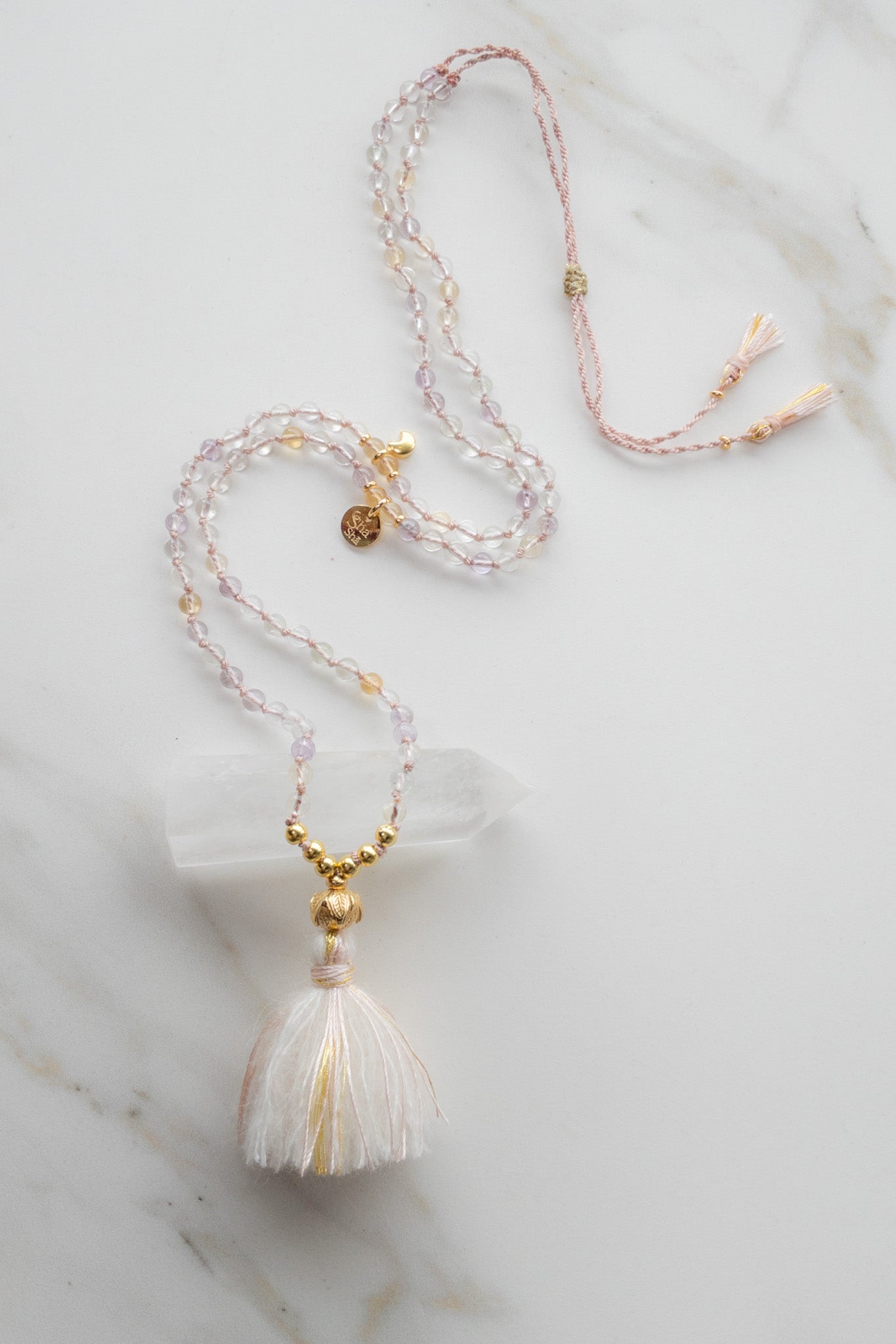 ShaSha « Roots » mini Mala 108 gold  - Quartz, light Citrine & light Amethyst - yoga jewellery 