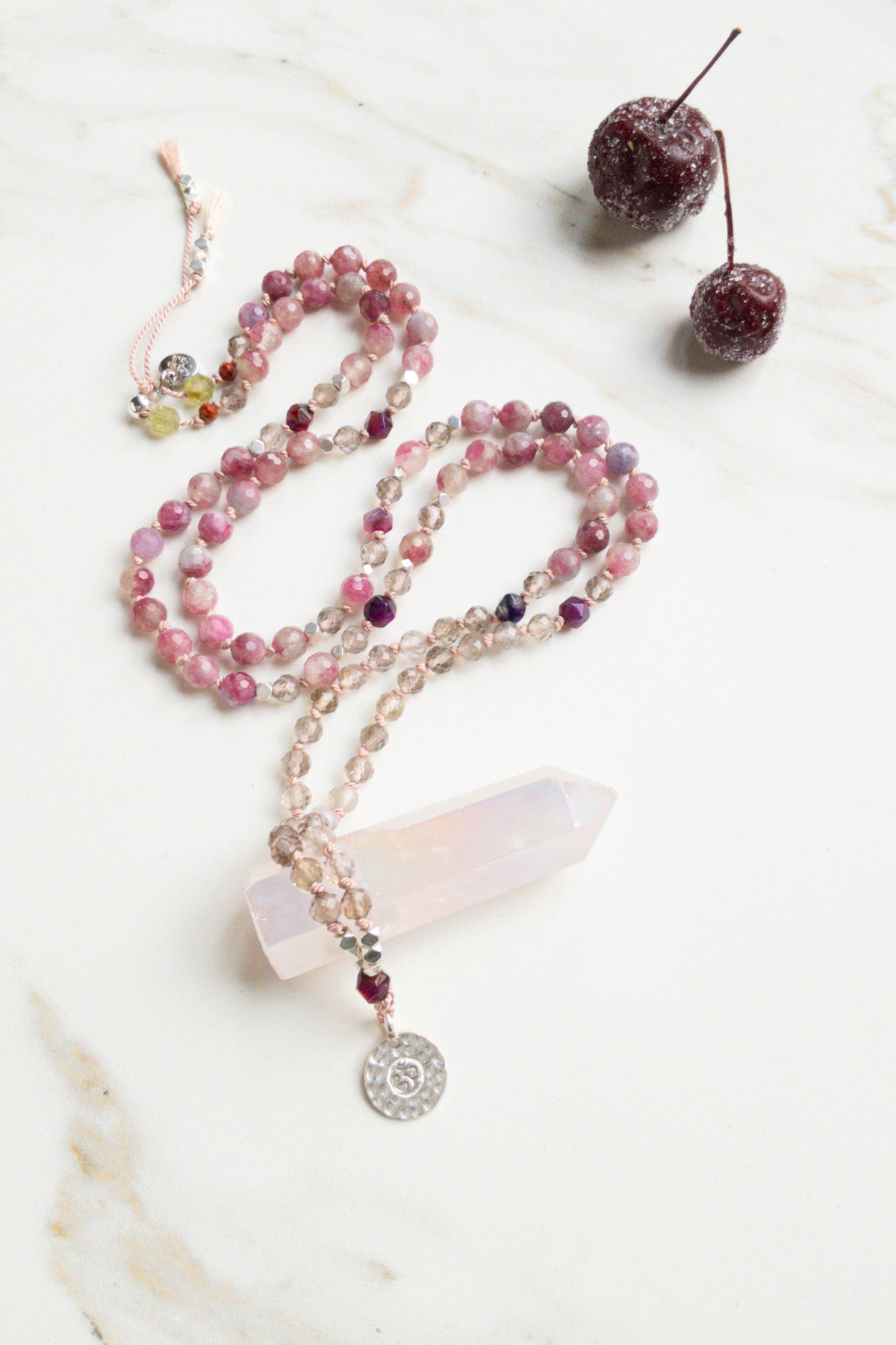 Smokey quartz gemstone rosary beads Necklace, brass angel wing pendant -  Heart Mala Yoga Jewellery