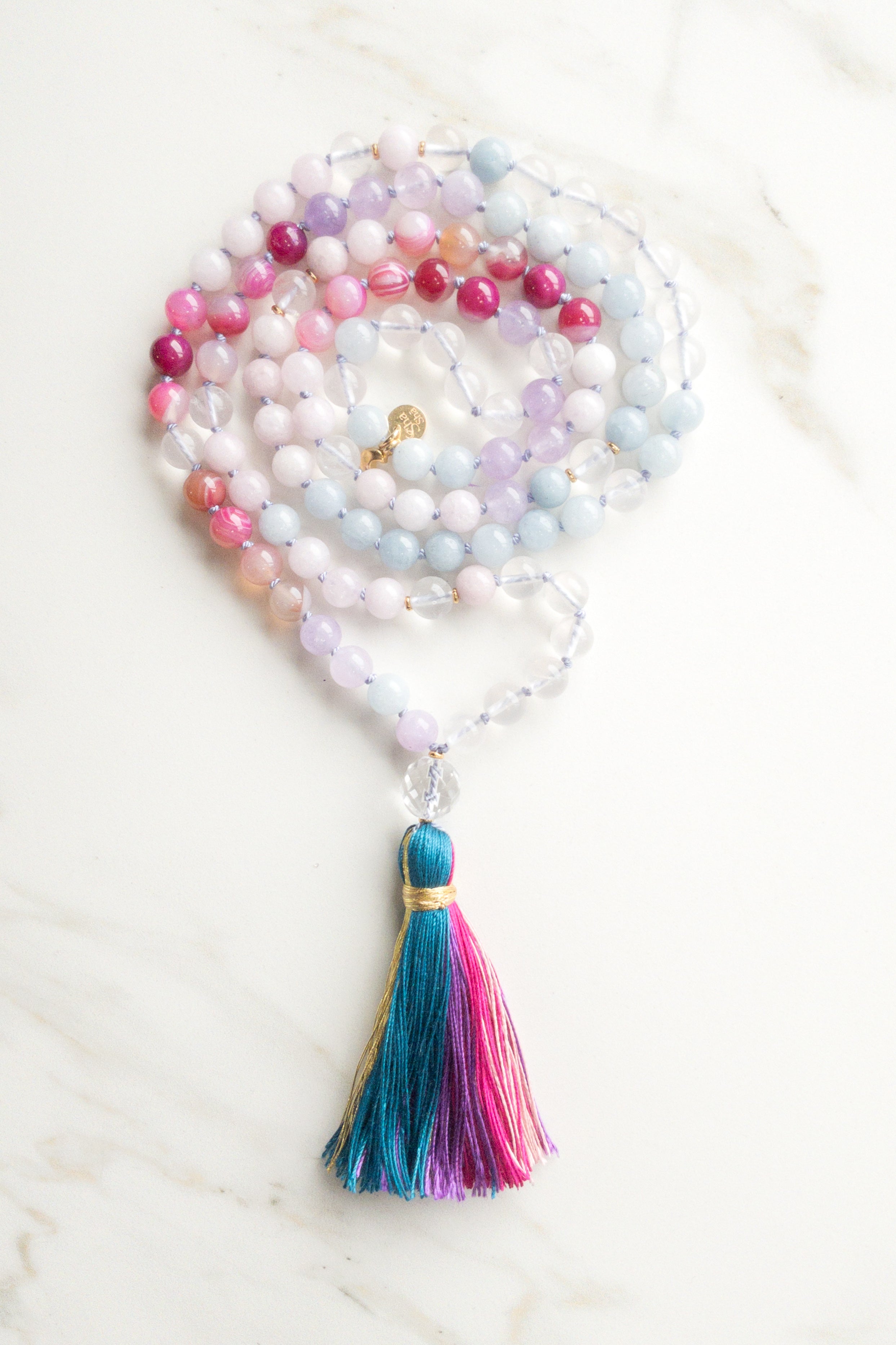 Divine Rainbow Japamala - Morganite, agates, pink quartz - OceanEye - unicorn necklace by ShaSha jewellery Switzerland 