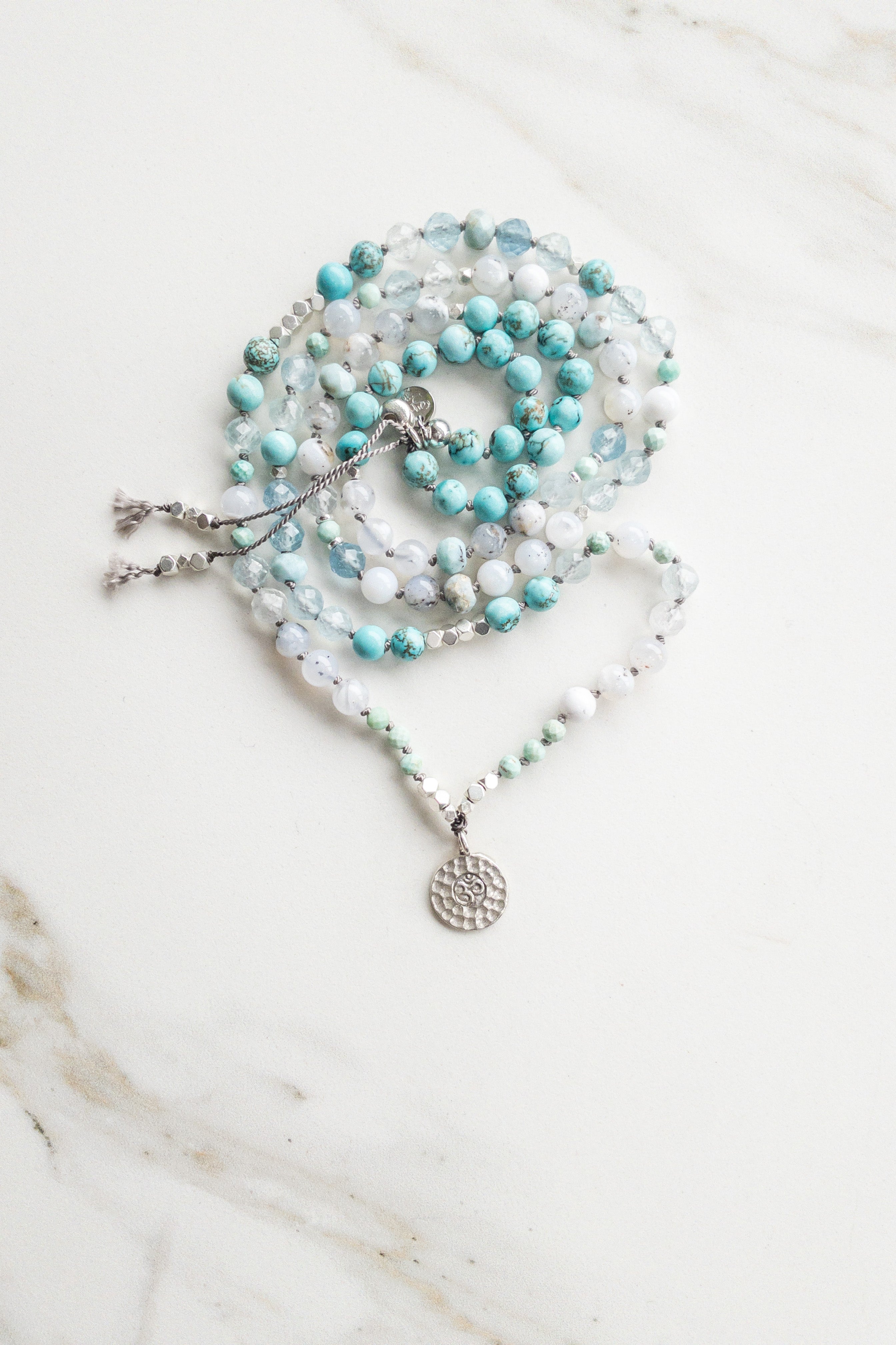 Celestial Serenity Mala Necklace - OM - Indradhanush - turquoise larimar - shashā yoga and meditation jewellery Switzerland 