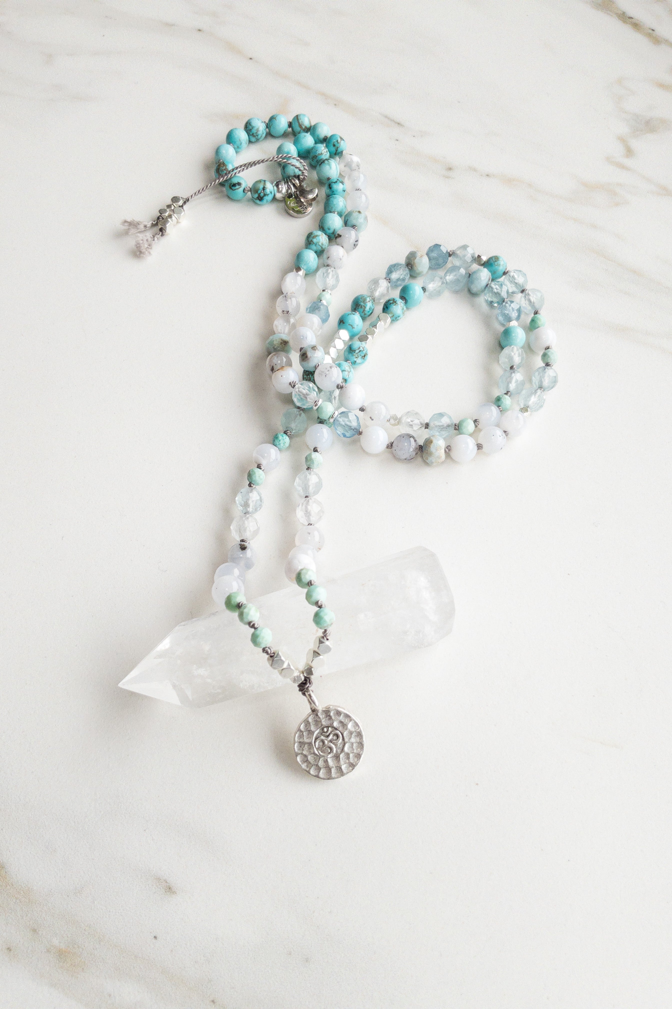 Celestial Serenity Mala Necklace - OM - Indradhanush - turquoise larimar moss opal 108 beads- shashā yoga and meditation jewellery Switzerland 