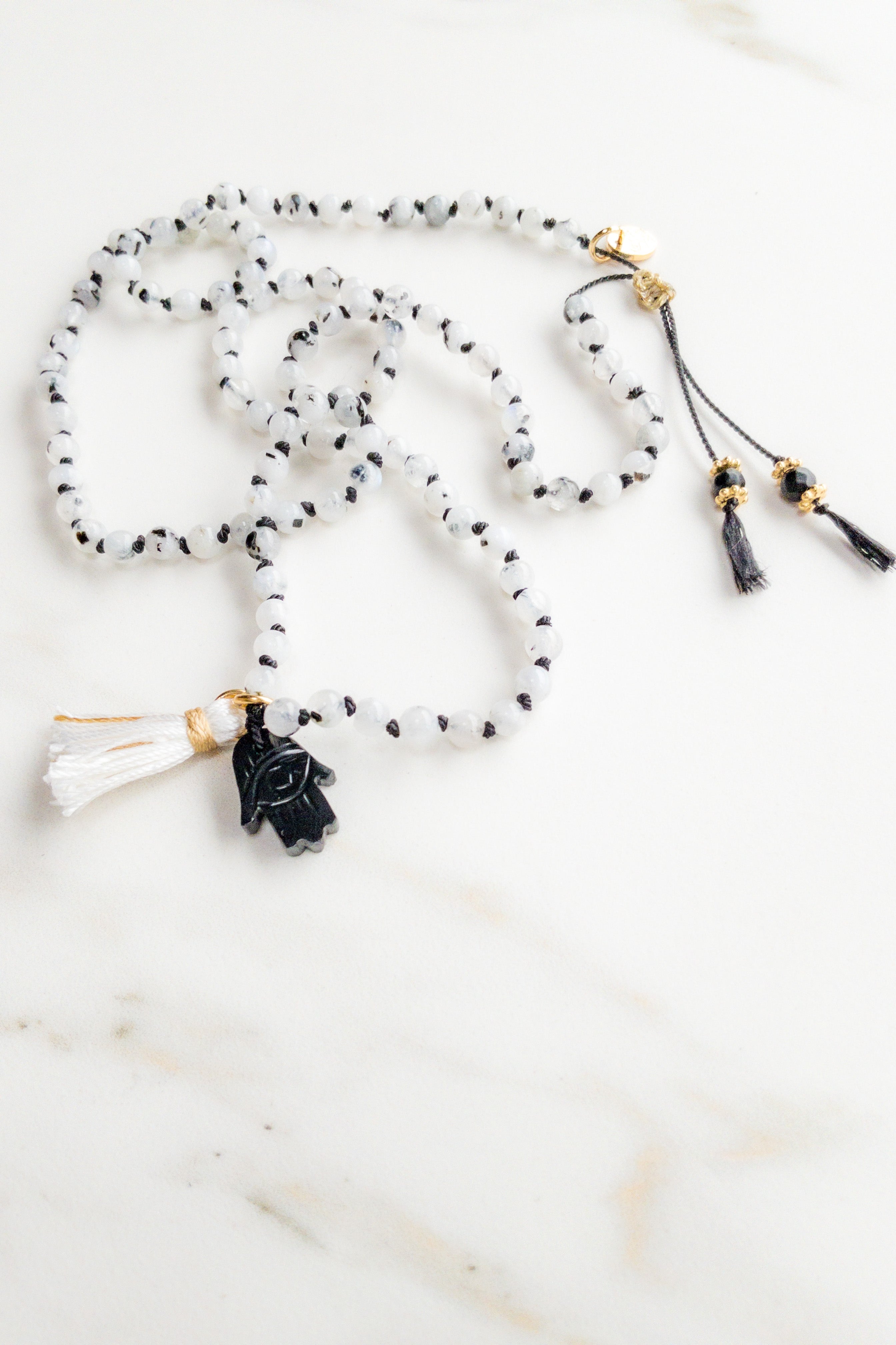 ShaSha « Roots » mini mala 108 - Blue flash Moonstone & Onyx - shashā jewelry Switzerland 