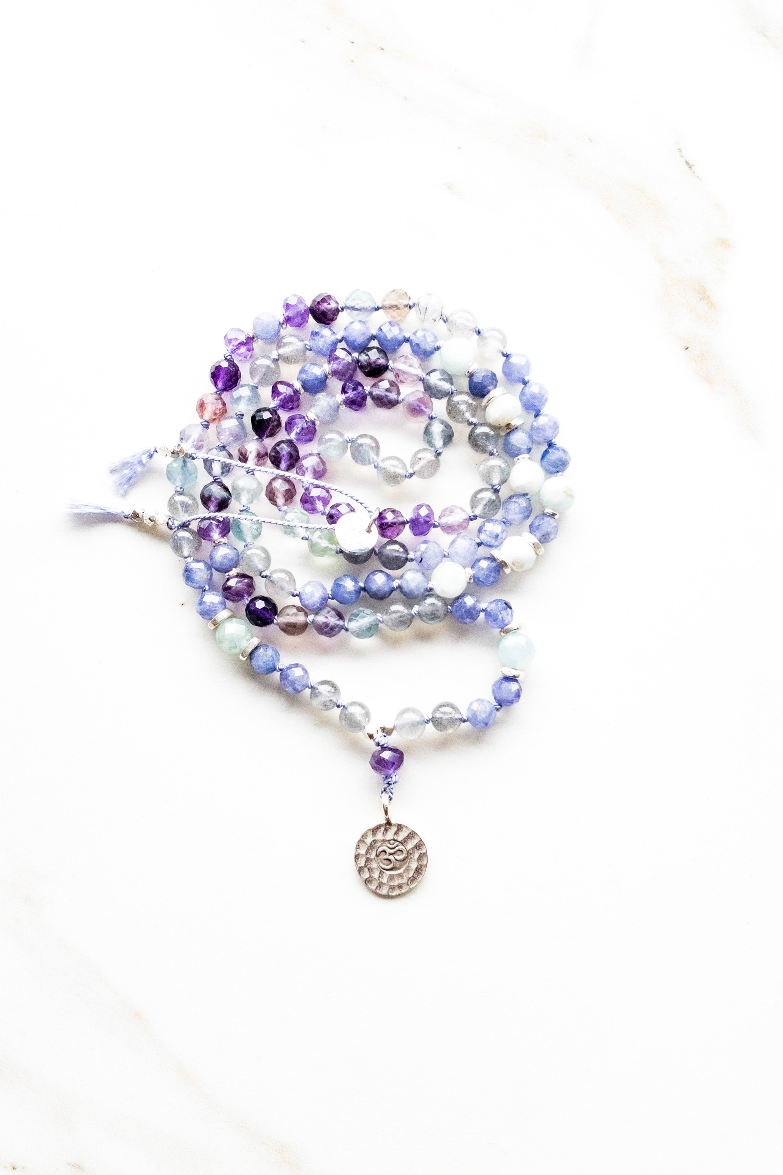 OM Shanti  Mala 108 - Indradhanush - Tanzanite, Larimar, Amethyst, moonstone, fluorite - shashā jewellery 