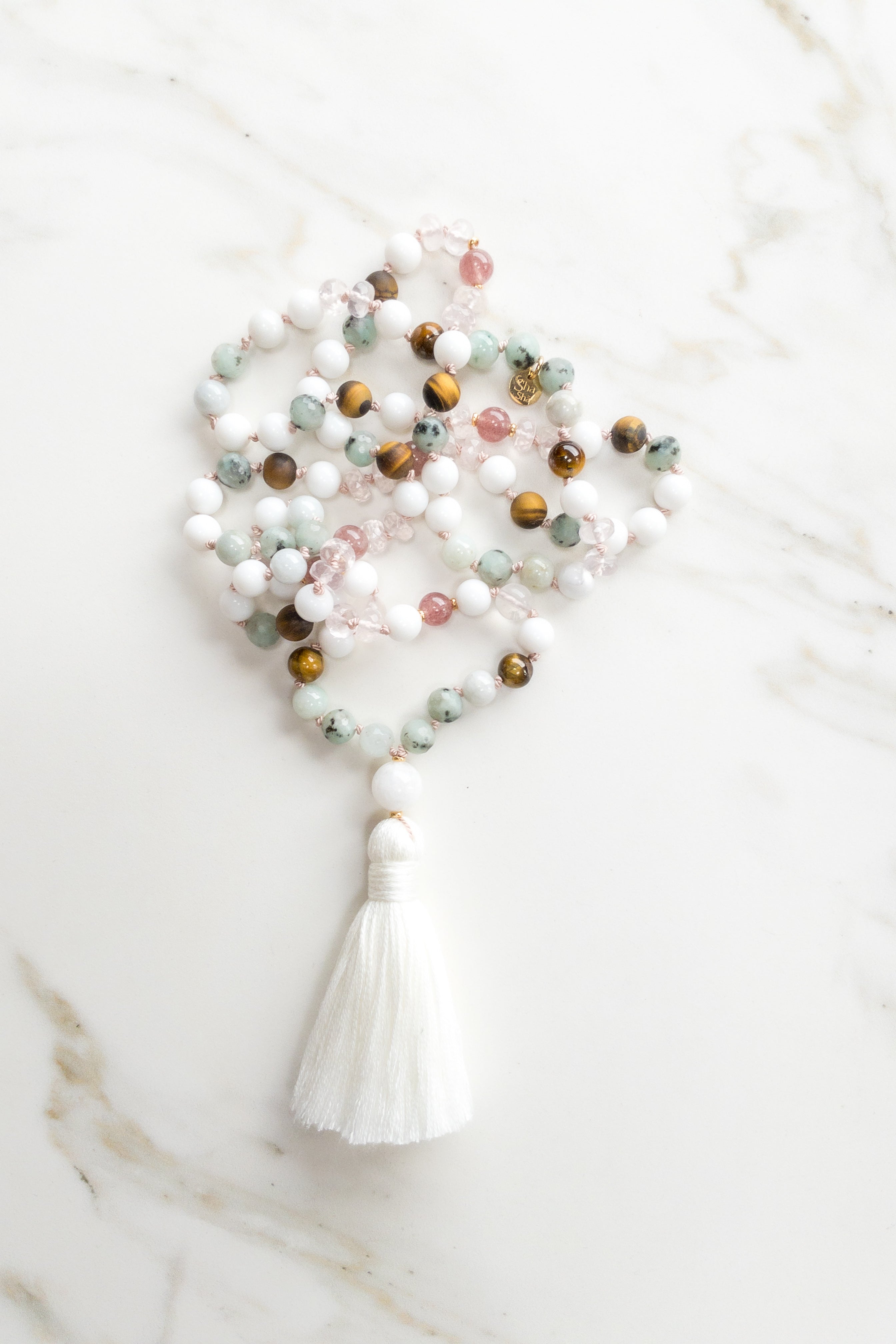 Lotus Serenity japaMala 108 beads - kiwi jasper, pink strawberry quartz, white onyx, tiger eye - OceanEye - ShaShã jewelry Switzerland 