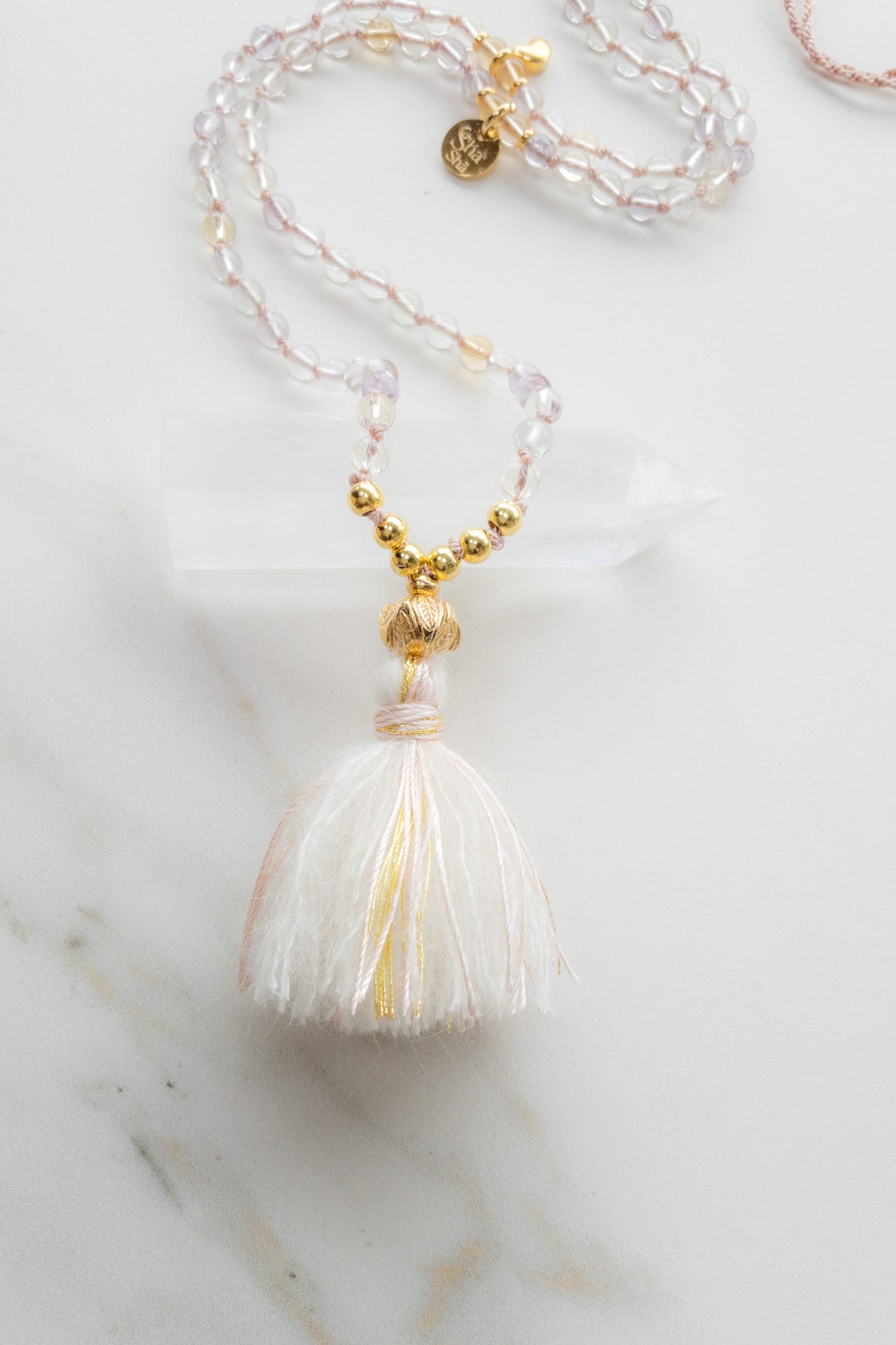 ShaSha « Roots » mini Mala 108 gold  - Quartz, light Citrine & light Amethyst - meditation jewellery 