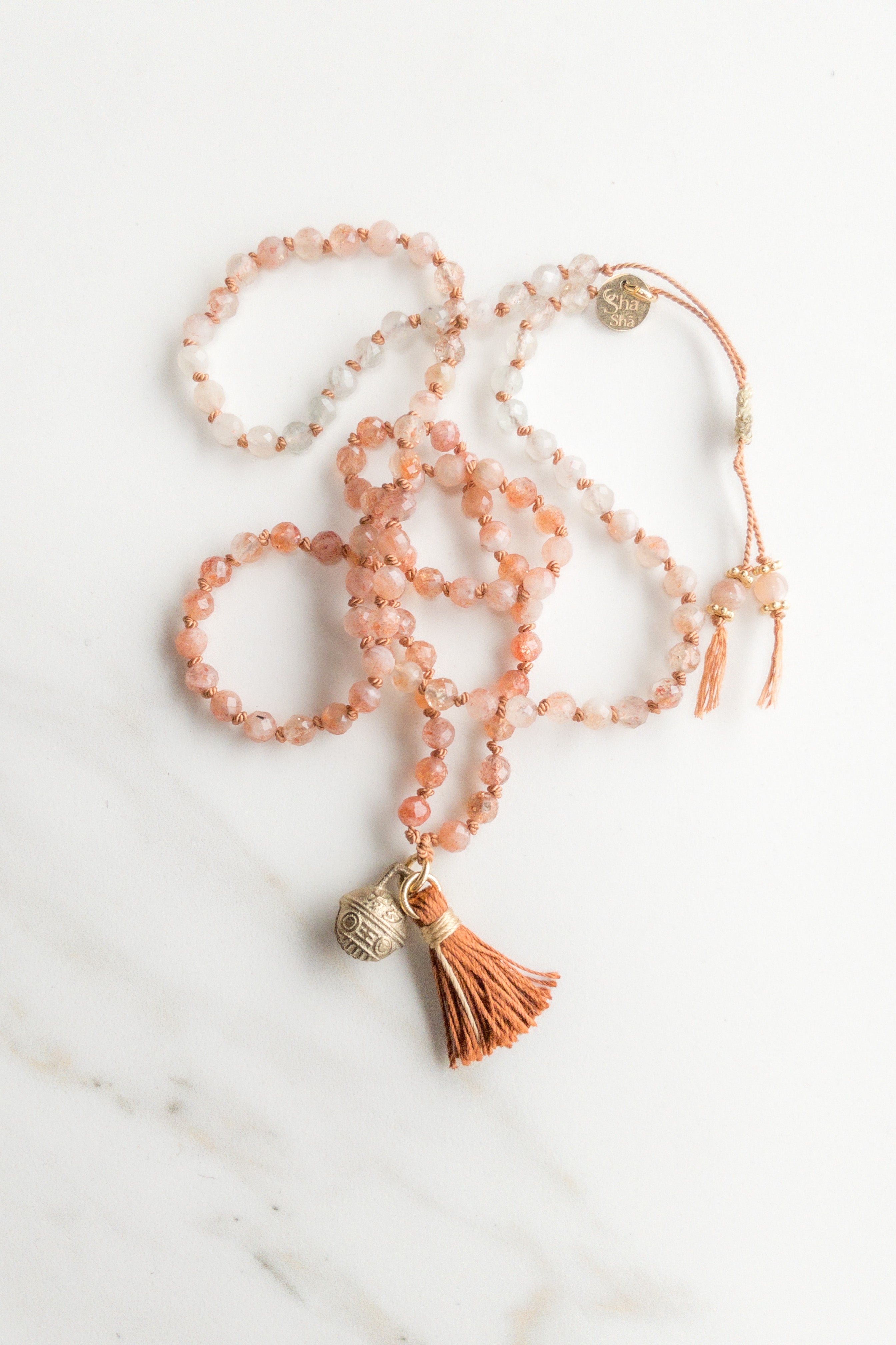 ShaSha « Roots » mini mala 108 - Faceted Sunstone - shashā jewelry Switzerland 