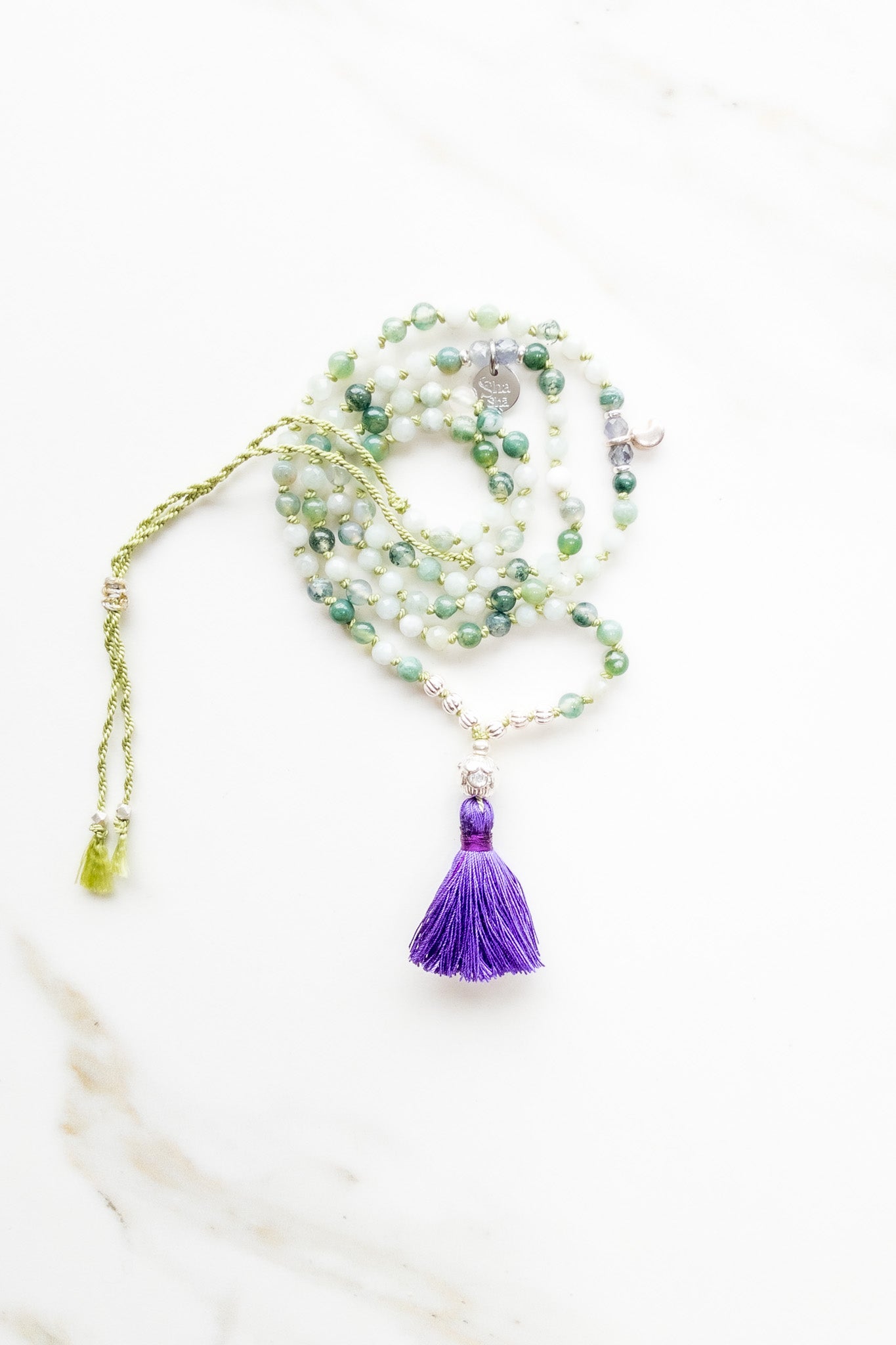 Shashā Mini Mala 108 beads - Burma Jade & Moss Agate - meditation jewellery 