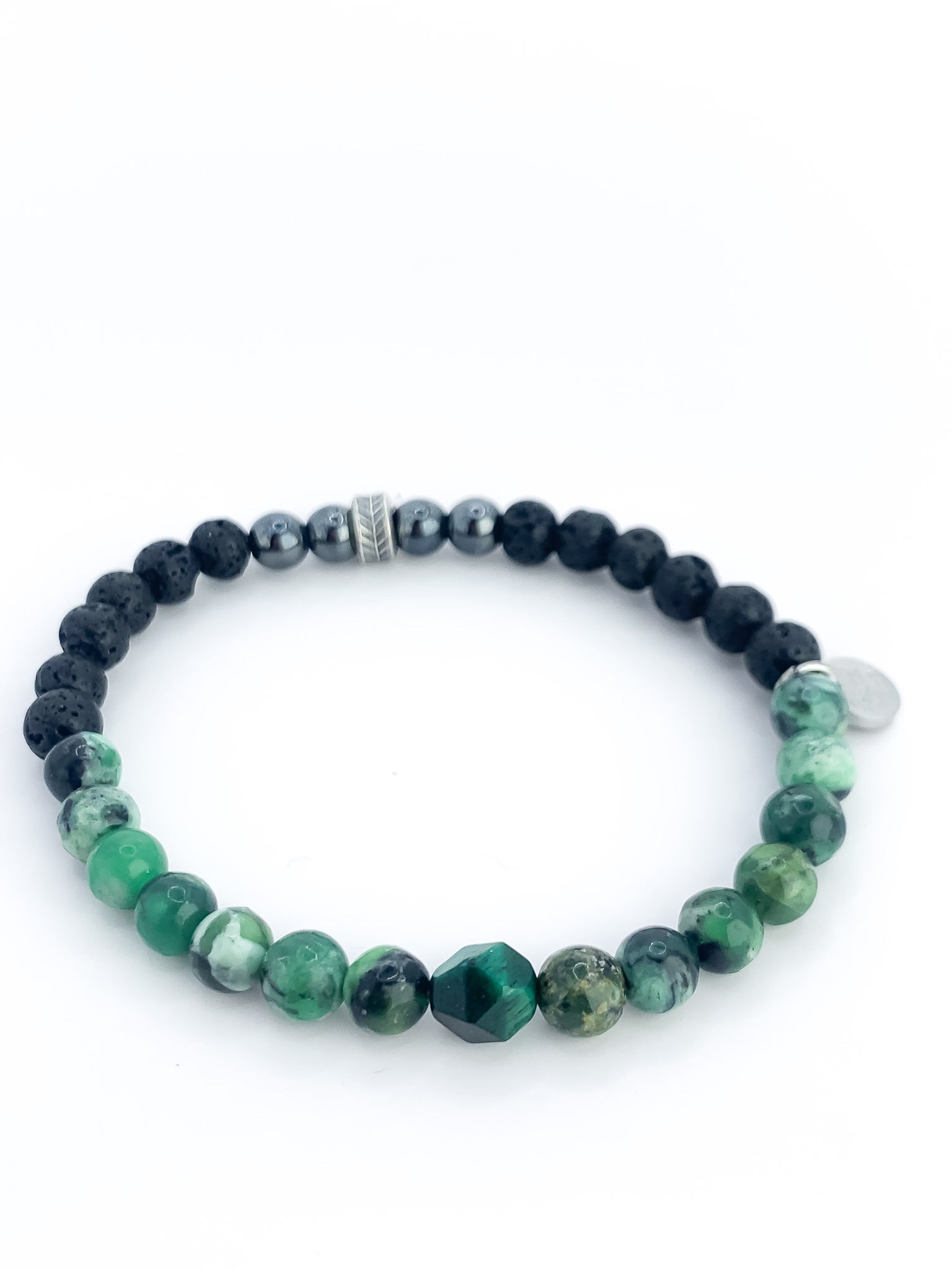MEN'S Collection - African Turquoise , GreenTiger Eye Pepite,  Lava, Hematite and Sterling Silver Bracelet