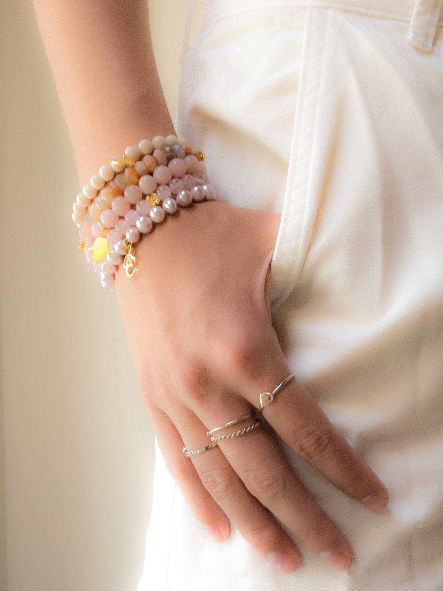 Pink opal and 24k Gold Vermeil Hamsa Bracelet - ShaSha Healing Jewellery Switzerland