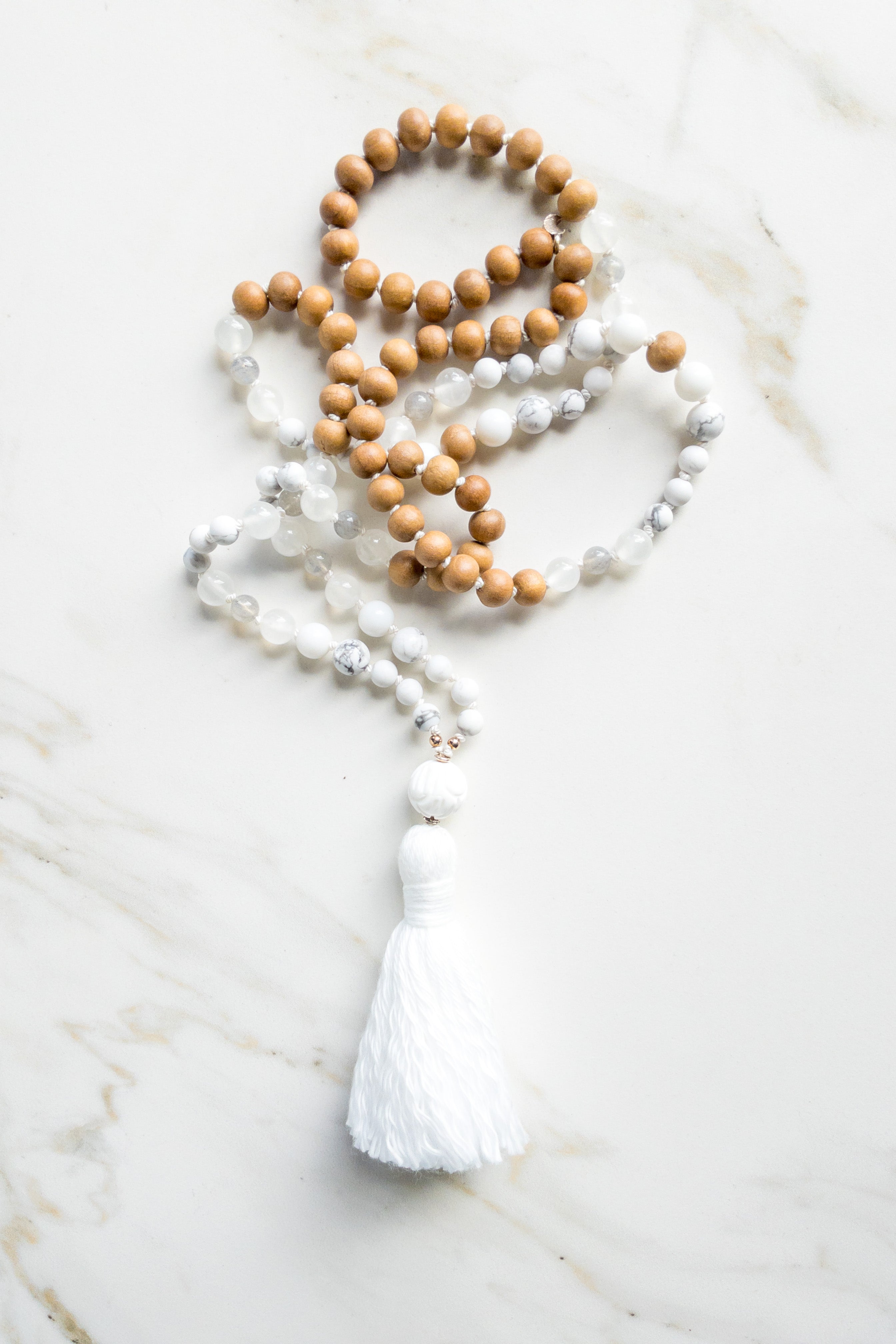 Alpine Bliss Mala - sandalwood, Howlite, moonstone- OceanEye ShaSha jewelry 